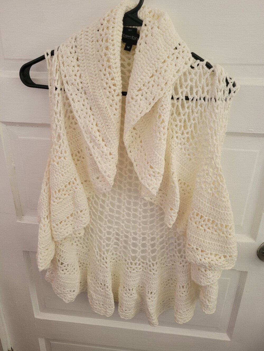 Karen Kane White Crochet Open-Front Poncho Cardigan